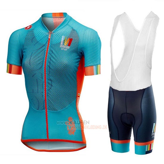 Frau Castelli Maratona Dles Dolomites-Enel Kurzarmtrikot 2018 und Kurze Tragerhose Blau Orange