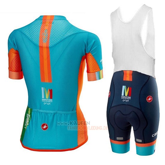 Frau Castelli Maratona Dles Dolomites-Enel Kurzarmtrikot 2018 und Kurze Tragerhose Blau Orange