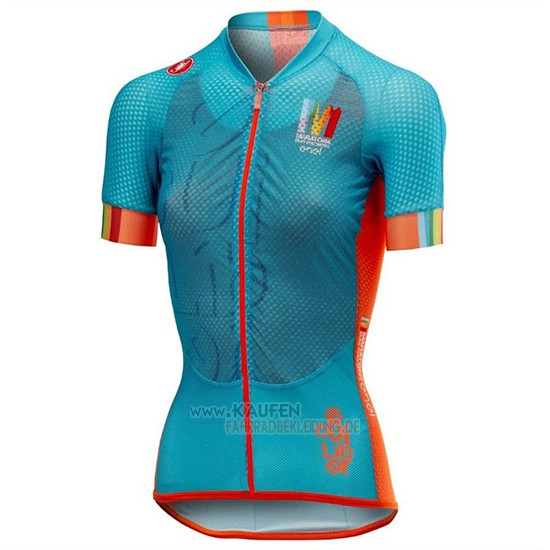 Frau Castelli Maratona Dles Dolomites-Enel Kurzarmtrikot 2018 und Kurze Tragerhose Blau Orange