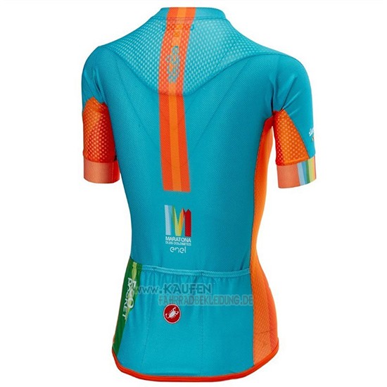 Frau Castelli Maratona Dles Dolomites-Enel Kurzarmtrikot 2018 und Kurze Tragerhose Blau Orange