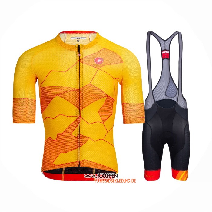 2021 Castelli Kurzarmtrikot und Kurze Tragerhose Gelb Orange