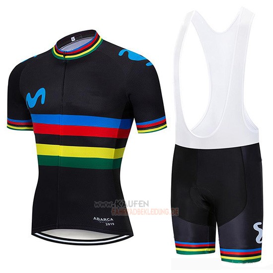 UCI Mondo Campione Movistar Kurzarmtrikot 2019 und Kurze Tragerhose Shwarz